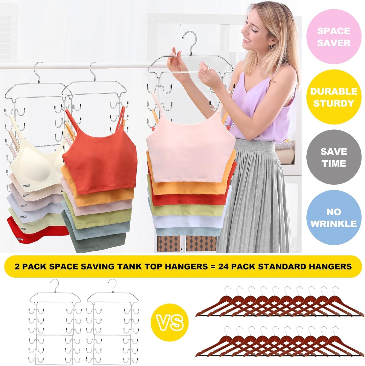 2 Pack Closet Organizers-and Storage,6 Tier Tank Top Hangers Space Saving, Dorm Room Essentials for Girls Camisoles Swimsuits Dress