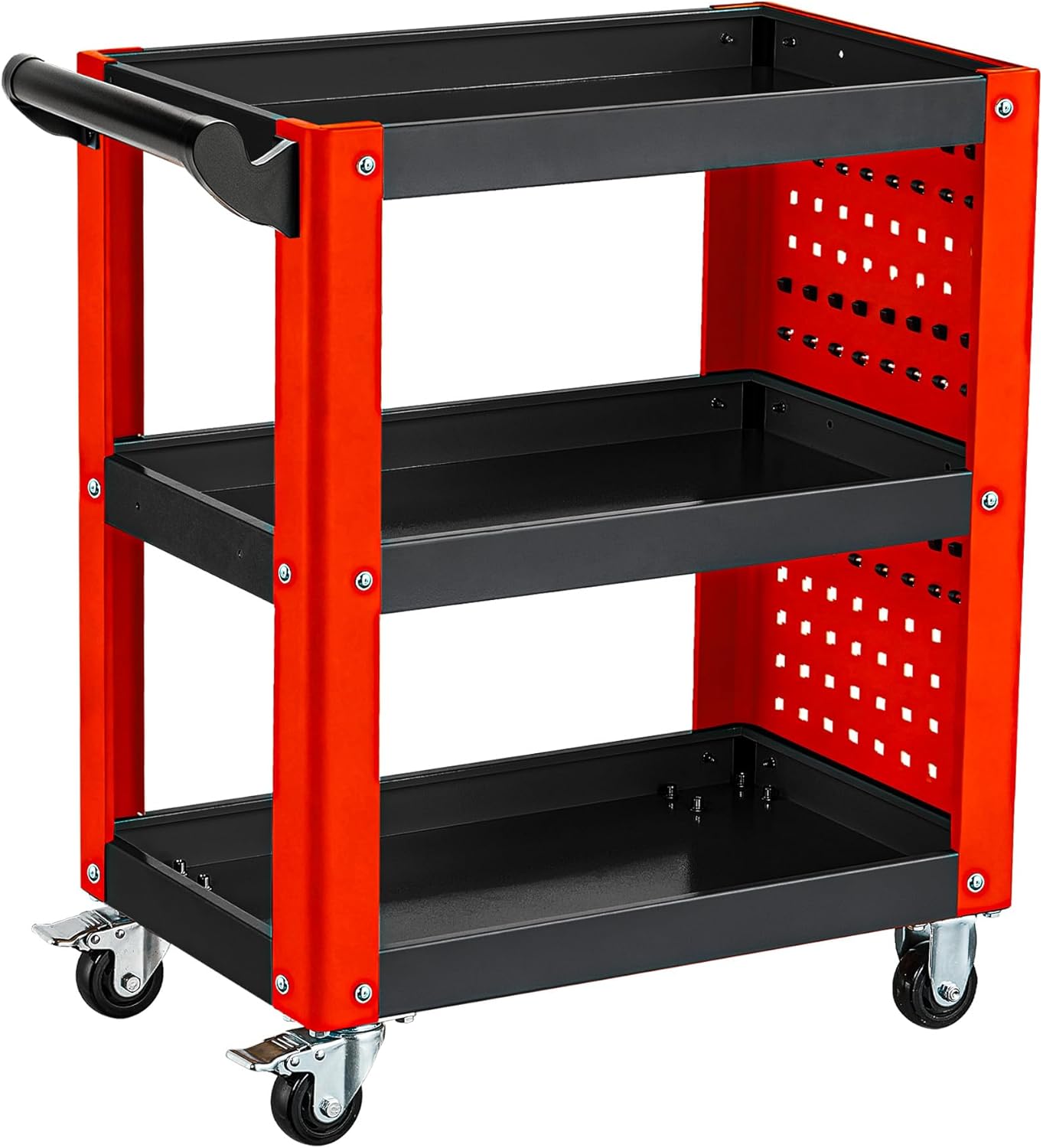 3-Tier Rolling Tool Cart with Pegboard, Heavy Duty Mechanic Utility Cart 1000LBS Load Capacity for Repair Shop, Garage, Warehouse & Workshop (Red & Black)