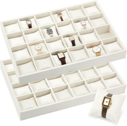 Henoyso 2 Pieces 24 Grid Velvet Watch Tray Jewelry Organizer Stackable Watch Bracelet Bangle Display Holder Adjustable Pillow(Beige)