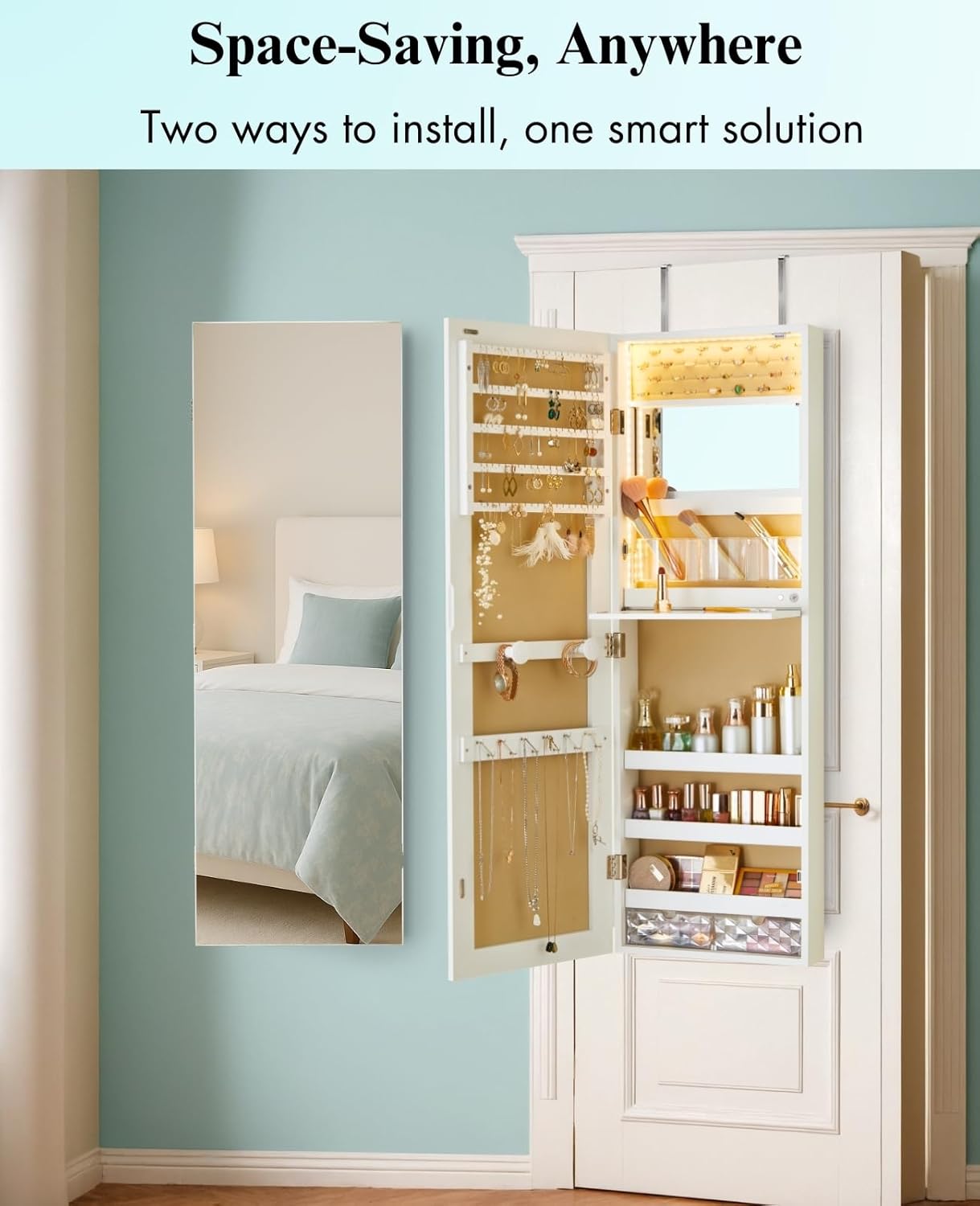 LUXFURNI Mirror Jewelry Cabinet Wall Mounted with lights, 42" Tall Over The Door Hanging Jewelry Armoire, 3 Color Modes Jewelry Mirror Storage, Vanity Table with Interior Mirror, White