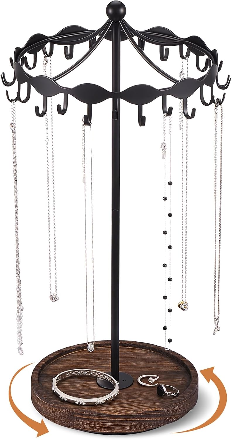 Lolalet Rotating Necklace Holder Stand with Metal Hooks, Spinning Display Carousels, Freestanding Organizer Hanger, for Long Necklaces Chains -Black