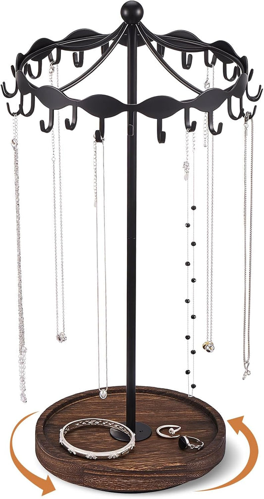 Lolalet Rotating Necklace Holder Stand with Metal Hooks, Spinning Display Carousels, Freestanding Organizer Hanger, for Long Necklaces Chains -Black
