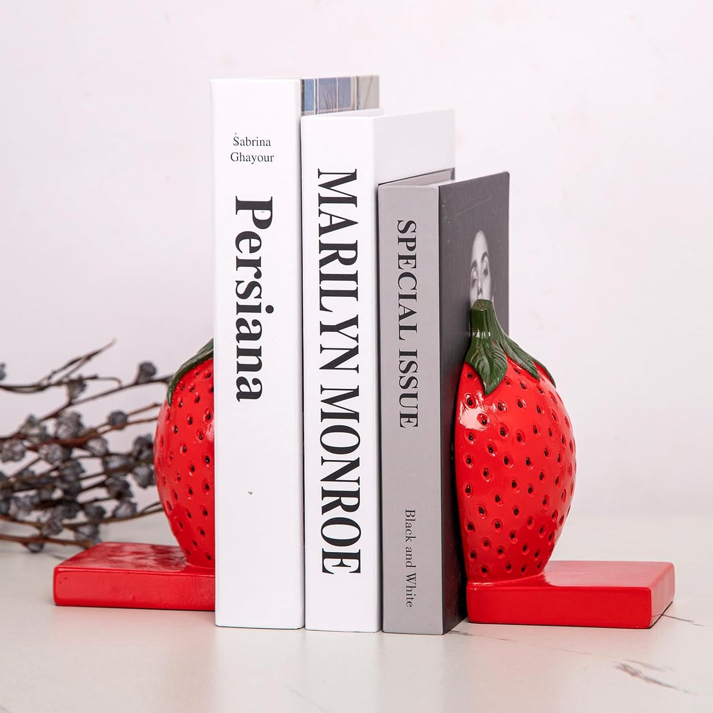 Strawberry Decorative Bookends, Resin Book Ends for Shelves with Cute Aesthetic Design, Bookshelf Decor for Home Office, Desk, Library, Book Holder for Heavy Books, Unique Gift, Set of 2