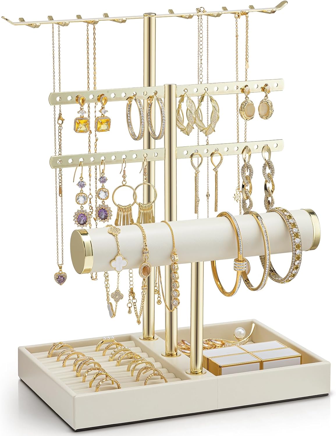 Vlando 3 Tier Jewelry Stand Organizer with Tary, Leather Jewelry Holder Display for Women, Gold Jewlery Holder Display for Necklace, Earring, Bracelet, Rings - Cloud White