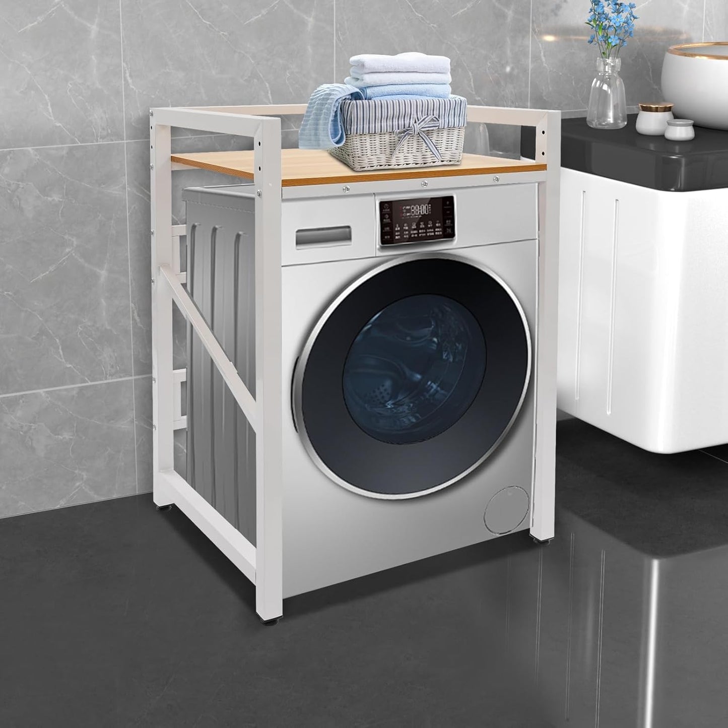 Washer Dryer Stacking Rack Stand, Heavy Duty Washing Machine Shelf with Adjustable Design, Load Capacity 660 lbs, Washer&Dryer Storage Shelf for Kitchens, Bathrooms, Laundry Rooms (White+Yellow)