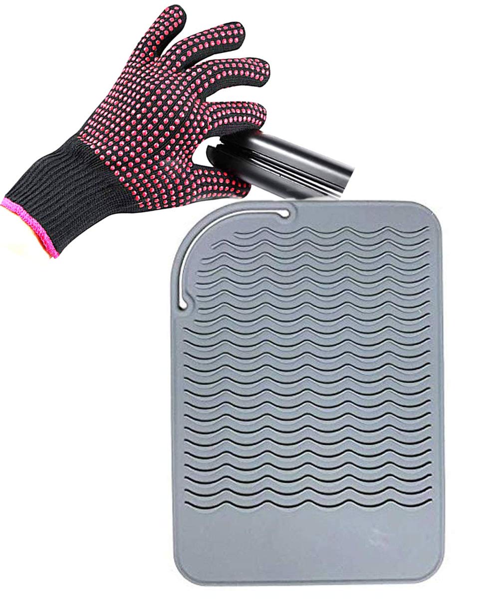 Heat Resistant Glove with Silicone Bump Mat for Curling Iron, Hair Straightener, Flat Irons - 9 x 6.5 Food Grade Mat, Grey