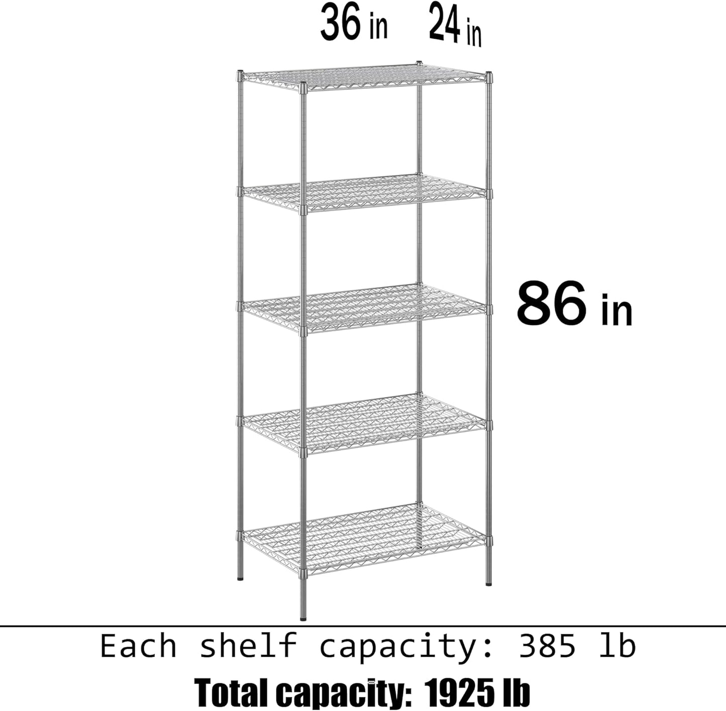 24" Deep x 36" Wide x 86" Height Wire Shelving Kit | 5-Tier | NSF Commercial Storage Rack Unit