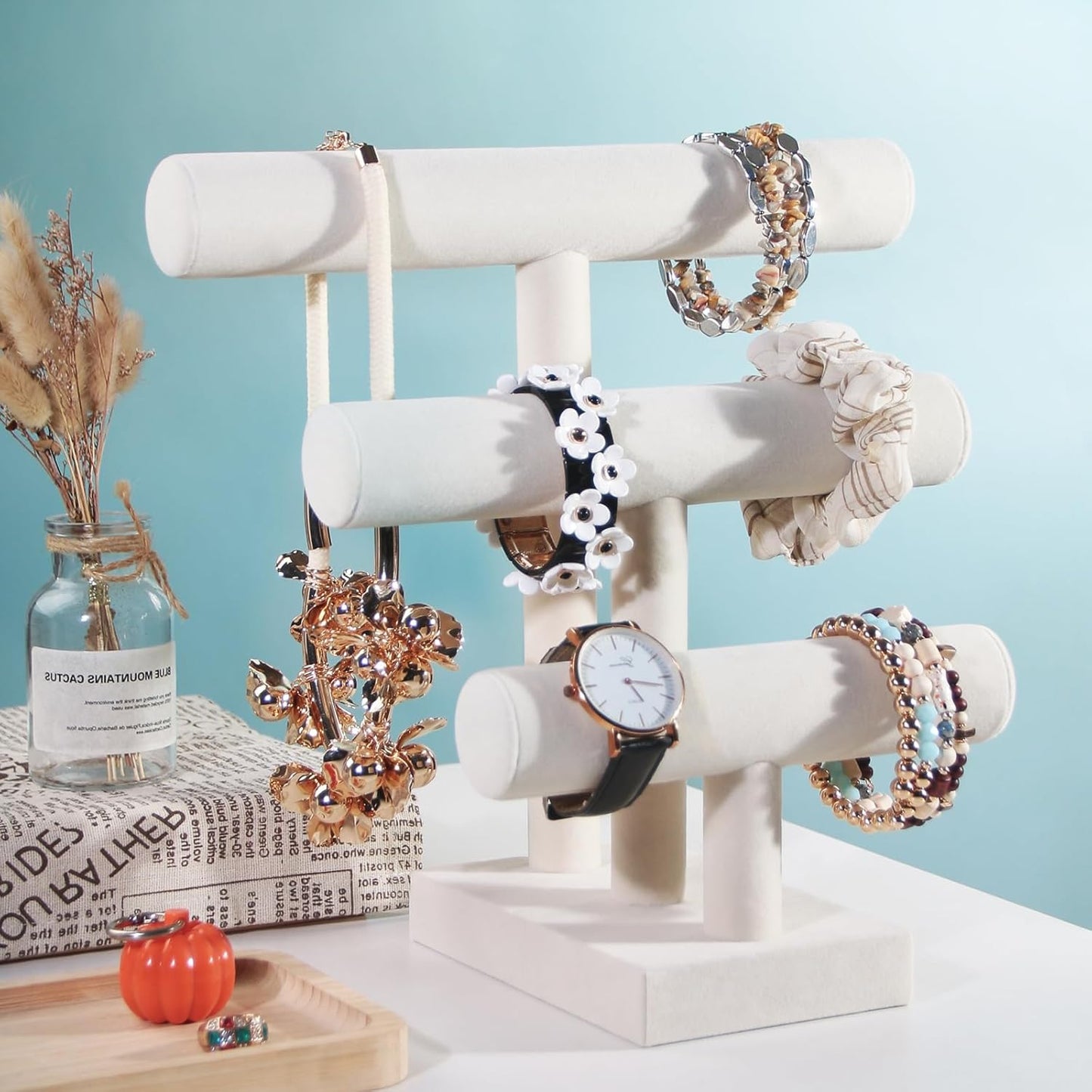 T-Bar Bracelet Holder Stand, Bracelet Jewelry Organizer Stand, Bangle Bracelet Watch Display for Selling, Scrunchie Hair Ties Jewelry Storage Rack for Women (3 tier beige)