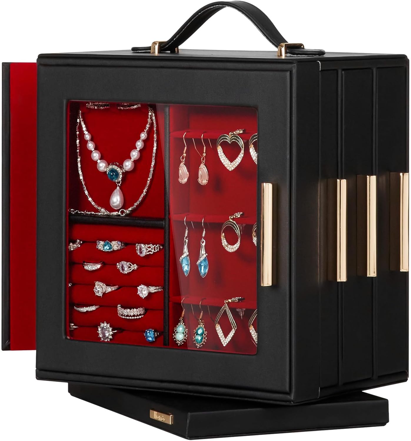 Homde Christmas Gifts Jewelry Box 360° Rotating, Necklace Earring Organizer with Transparent Window, Mirror, 7 Drawers, Large Ring Display Storage Case for Girls Women (Black + Red)