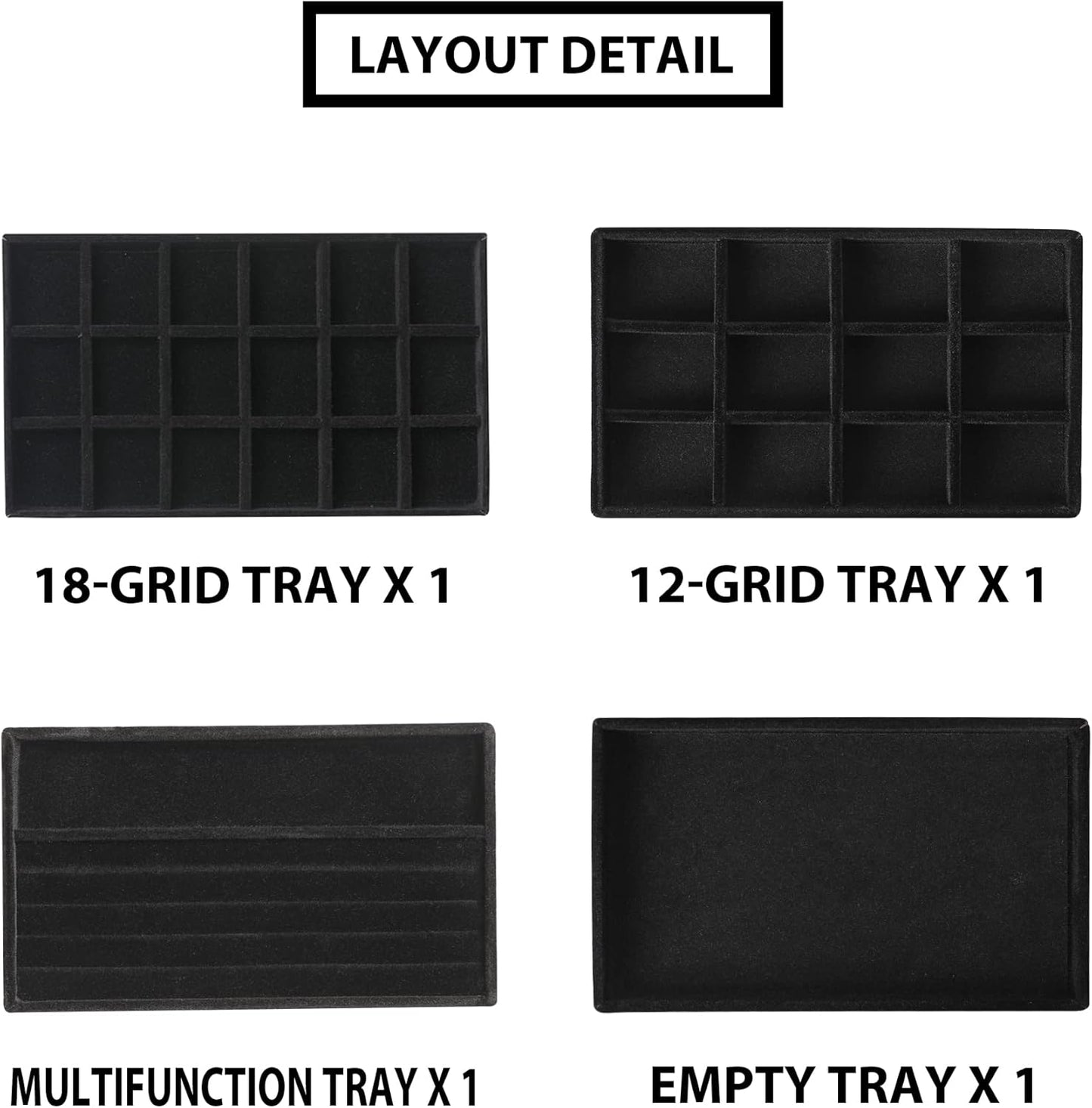 Frebeauty Jewelry Organizer Tray,Stackable Velvet Jewelry Trays,Drawer Inserts Earring Organizer For Women Jewelry Storage Display Case for Rings Stud Necklaces,Set of 4(Black)