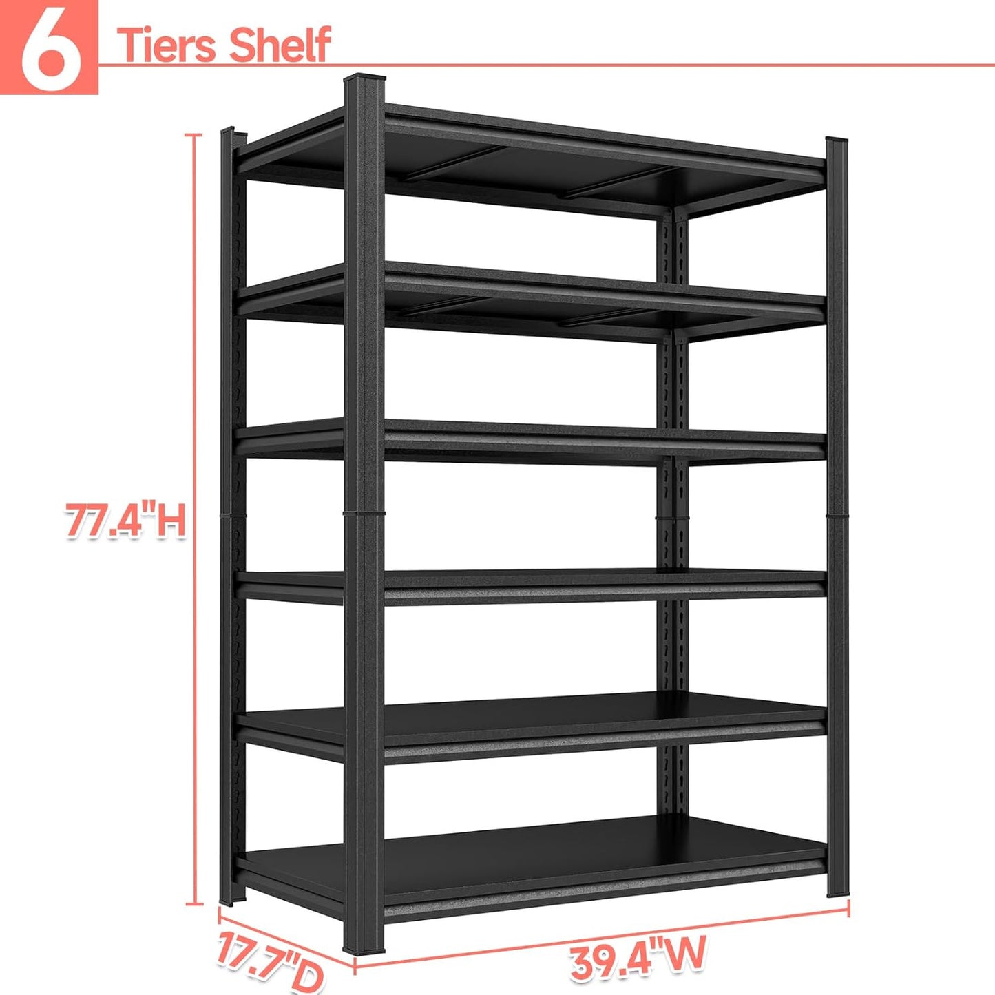 Garage Storage Shelves,5 Tier Shelving Unit, 40 inch Wide, 18” Deep, 78” Tall Organizer Metal Shelf for Basement/Laundry/Pantry Heavy Duty, Adjustable,Easy to Install (6Tier-39.4"Wx17.7"D"dx77.2"h)