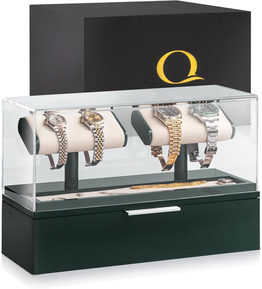 QWATCH Watch Stand Display Case - Acrylic Watch Box for 2 or 4 Watches with Jewelry Valet Tray and Drawer
