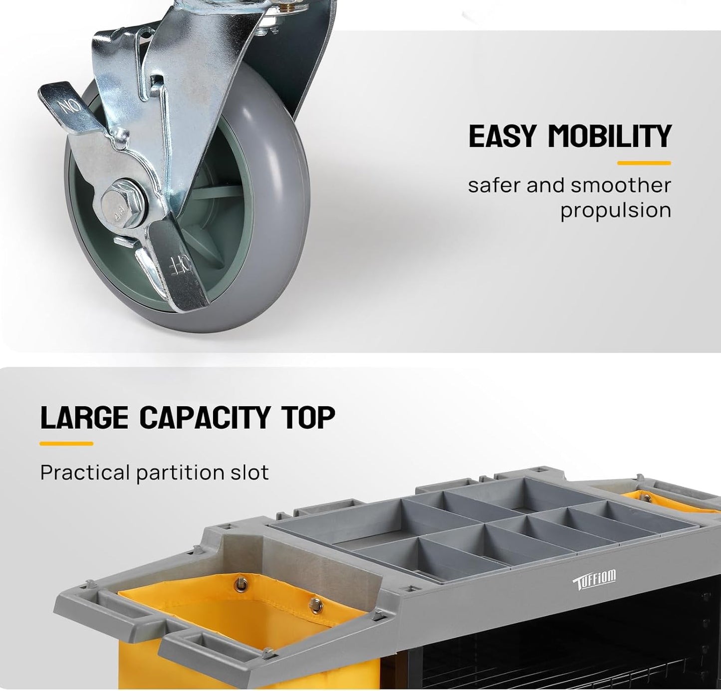 Premium Hotel & Housekeeping Cart on Wheels, 154LBS Multifunctional Commercial Cleaning Cart with Large Capacity Vingyl Bags, Comfor Grip Handles and Easy Move Casters, Gray