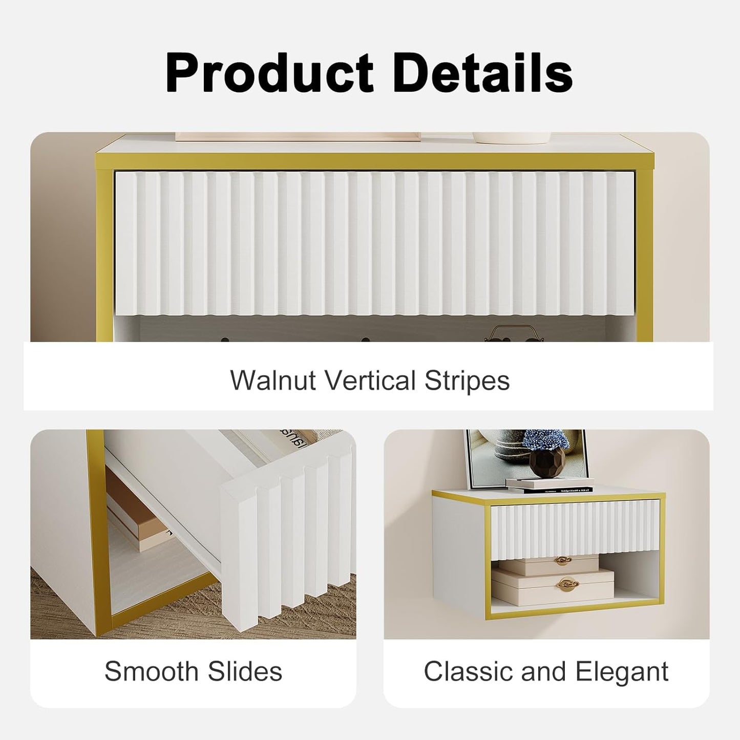 4ever2buy Floating Nightstand with Fluted Drawer, Modern Wall Mounted Nightstand with Open Shelf, White and Gold Night Stand for Bedroom, White