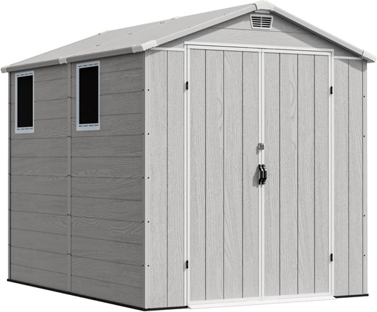 Devoko 6x8 FT Plastic Storage Shed, Outdoor Resin Garden Shed with Floor, Waterproof Tool Storage Shed with Lockable Door and Window for Patio, Garden, Backyard, Light Gray