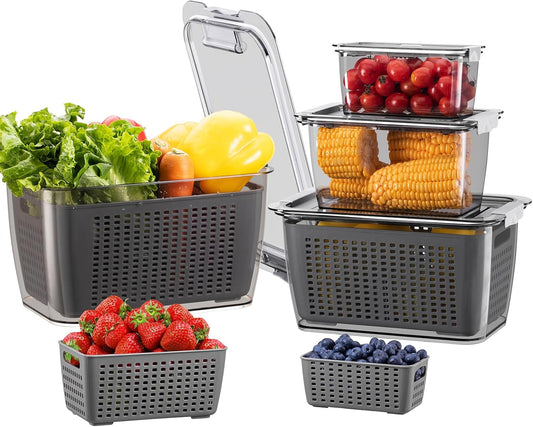 LUXEAR 4 Pack Fruit Containers for Fridge, Vegetable Storage Container with Lids &Removable Colander Produce Saver Organizer for Refrigerator Keep Fruit, Veggie, Berry, Meat Fresh Longer-Grey