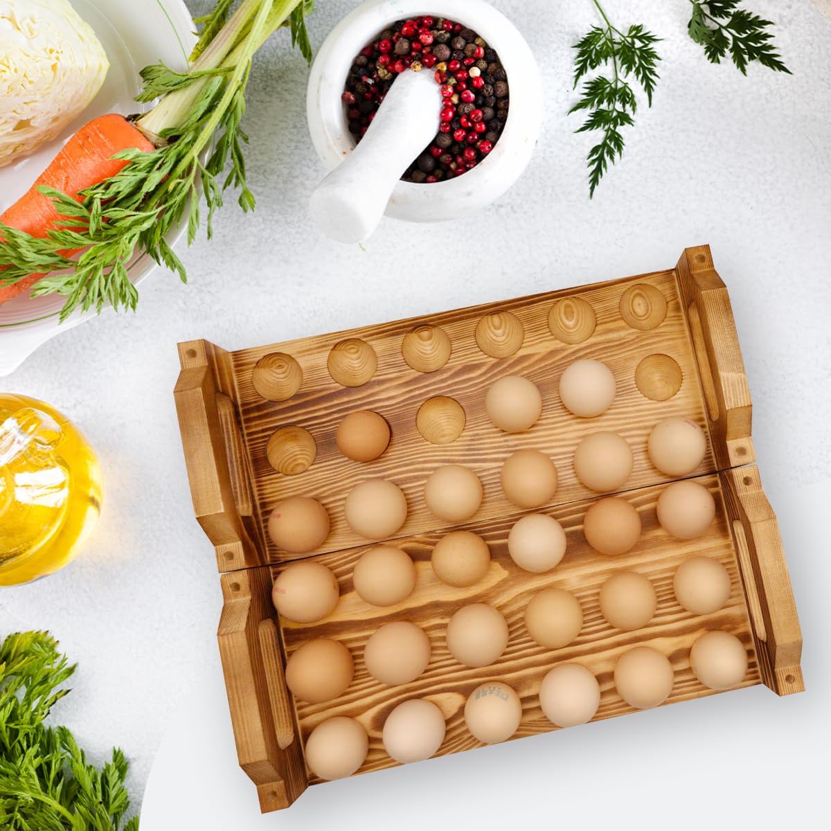 Wooden Egg Holder Countertop, Stackable Egg Storage Trays for 36 Fresh Chicken Deviled Egg Organizer Rustic Kitchen Decoration, Egg Container Rack, set of 2 pieces