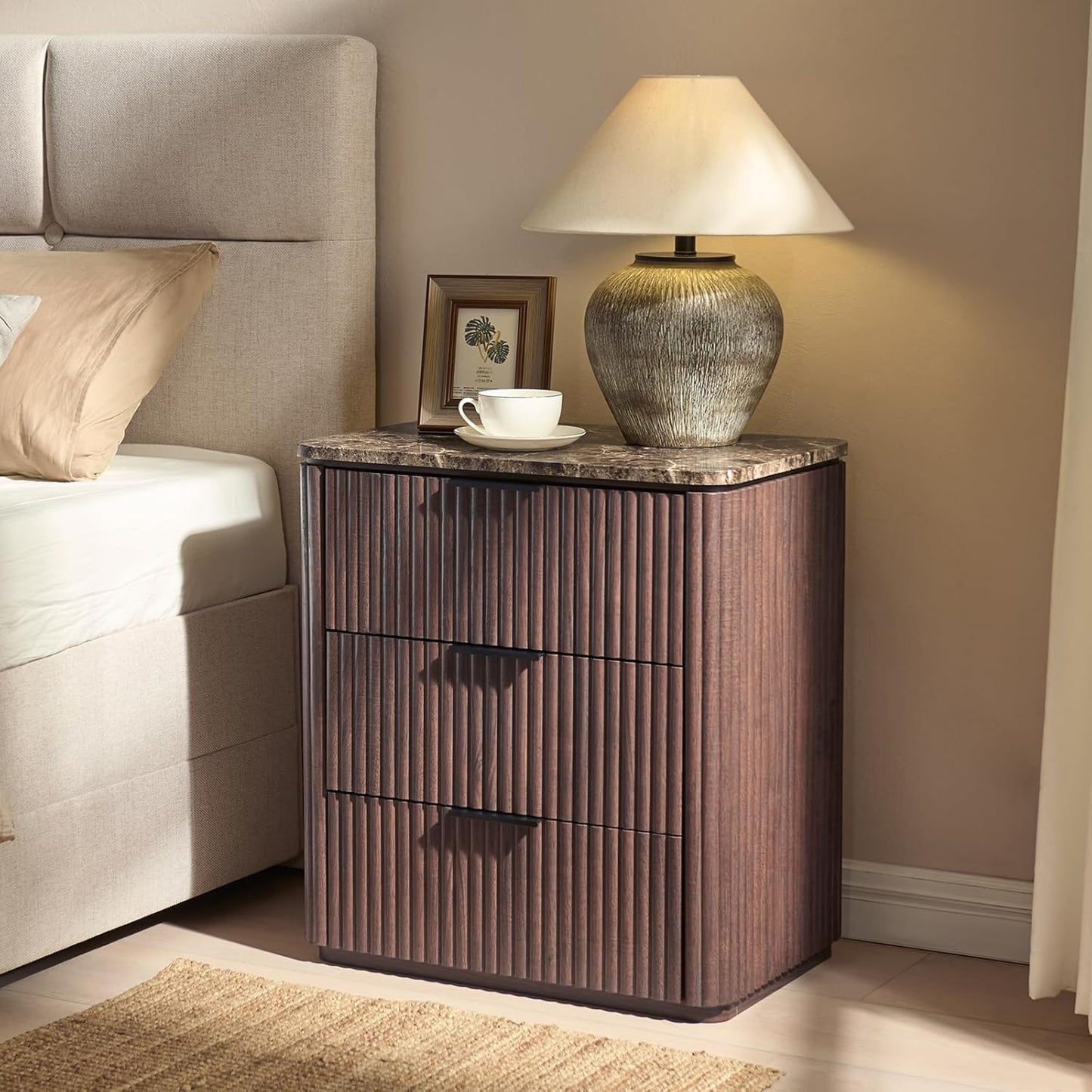 Fluted Nightstand Set of 2, Engineered Wood Bedside Table with 3 Drawers, Modern End Table with Faux Marble-Top, Curved Corners, Metal Handle, Large Night Stand for Bedroom, Office, Closet, Dark Oak