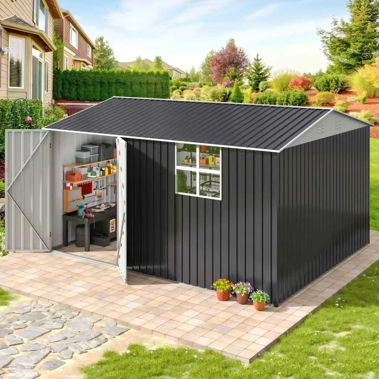 10x12 FT Outdoor Metal Storage Shed with Window, Large Lockable Metal Garden Tool Shed with Heavy-Duty Frame for Backyard, Patio, and Lawn, Black