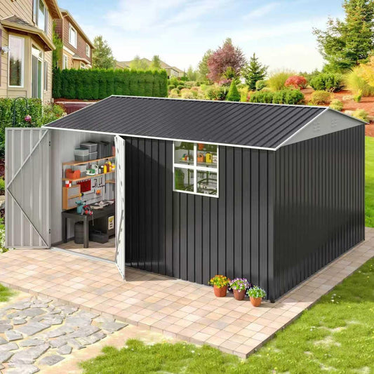 10x12 FT Outdoor Metal Storage Shed with Window, Large Lockable Metal Garden Tool Shed with Heavy-Duty Frame for Backyard, Patio, and Lawn, Black