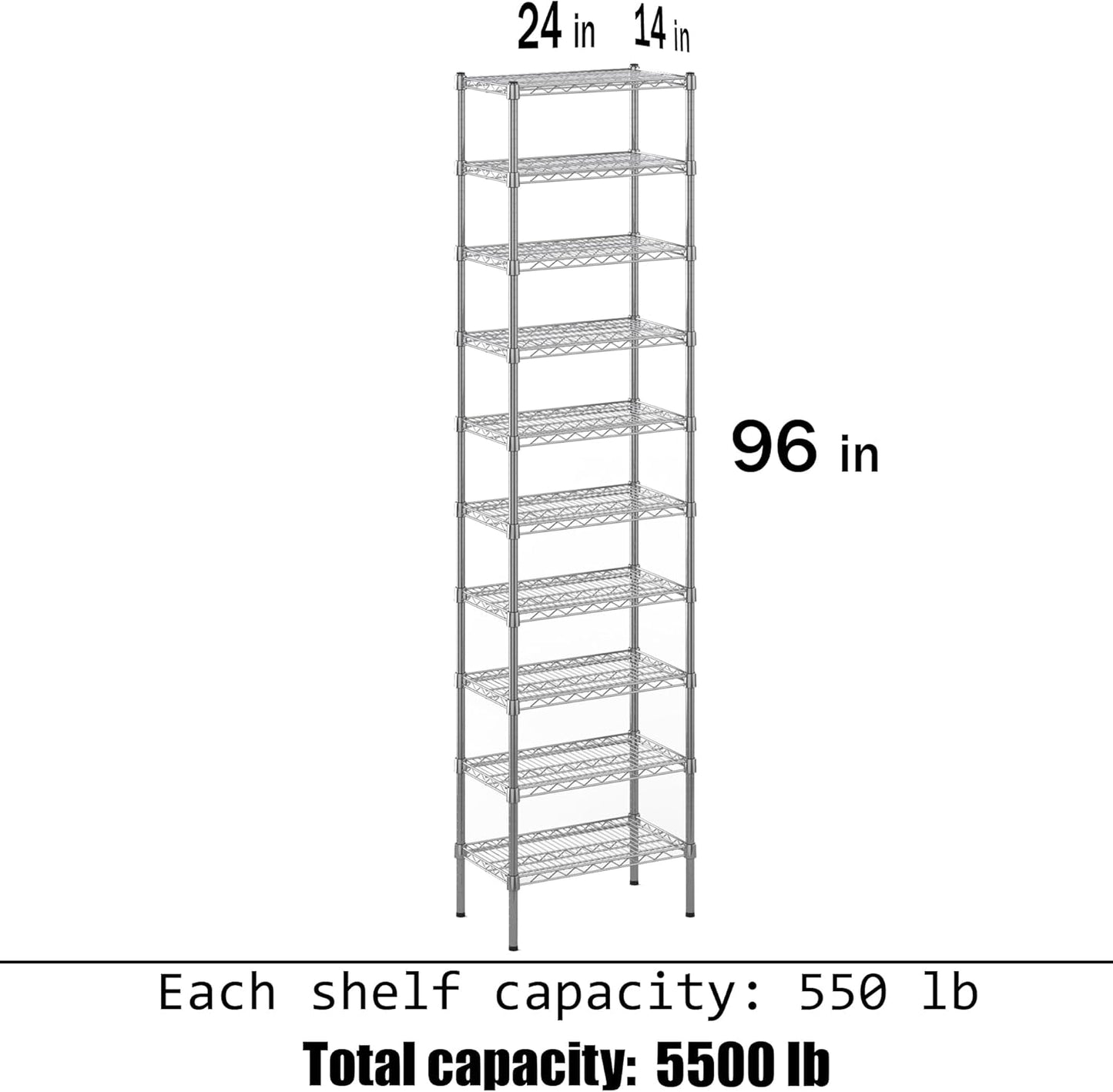 14" Deep x 24" Wide x 96" Height Wire Shelving Kit | 10-Tier | NSF Commercial Storage Rack Unit