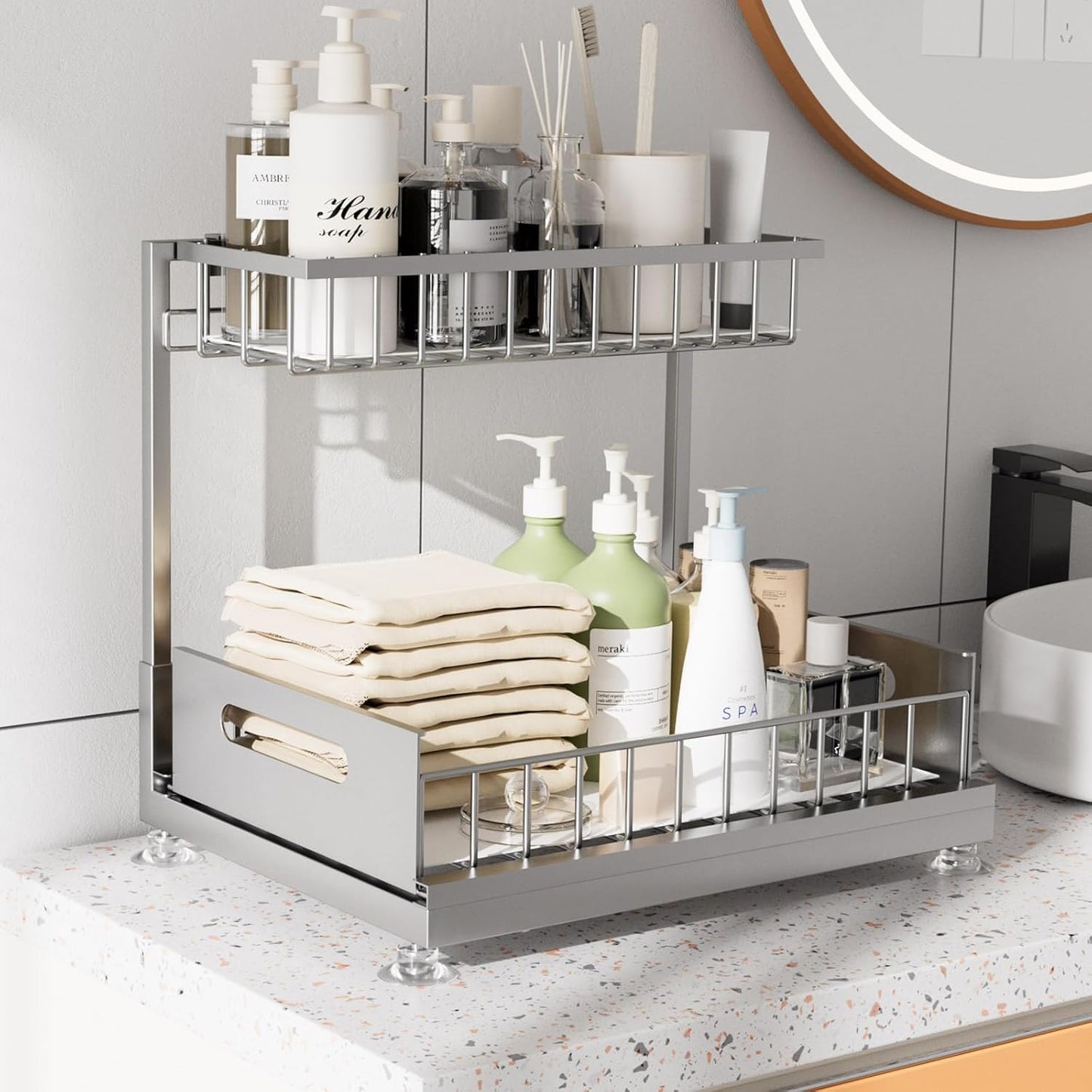 Under Sink Organizer Storage 2-Tier Premium Metal Pull-Out Racks, Height Adjustable, Easy Installation | Kitchen & Bathroom Organizers Pack of 1
