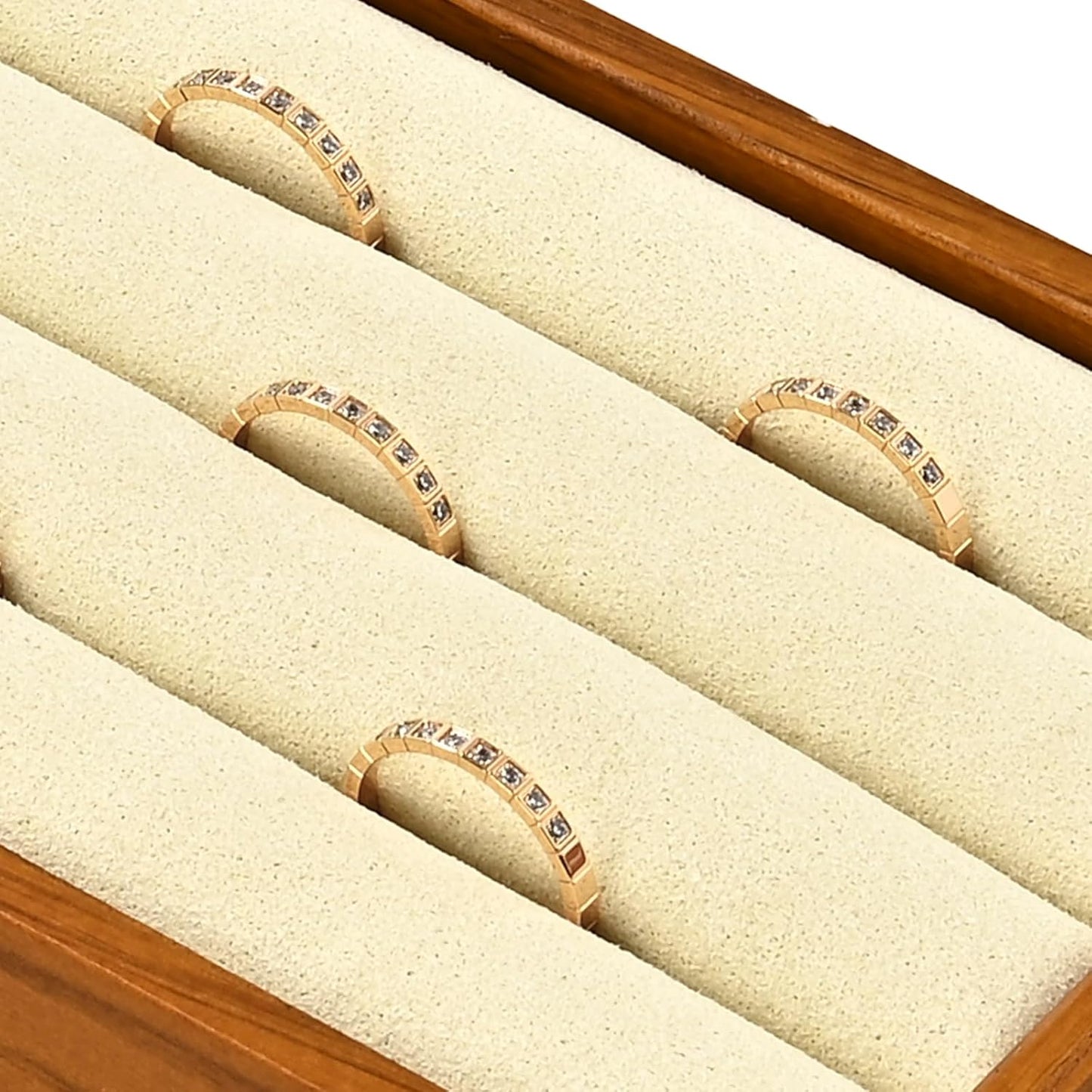 Solid Wood 3-Slots Jewelry Ring Display Tray Showcase Small Jewelry Display Organizer Tray for Rings(M,Beige)