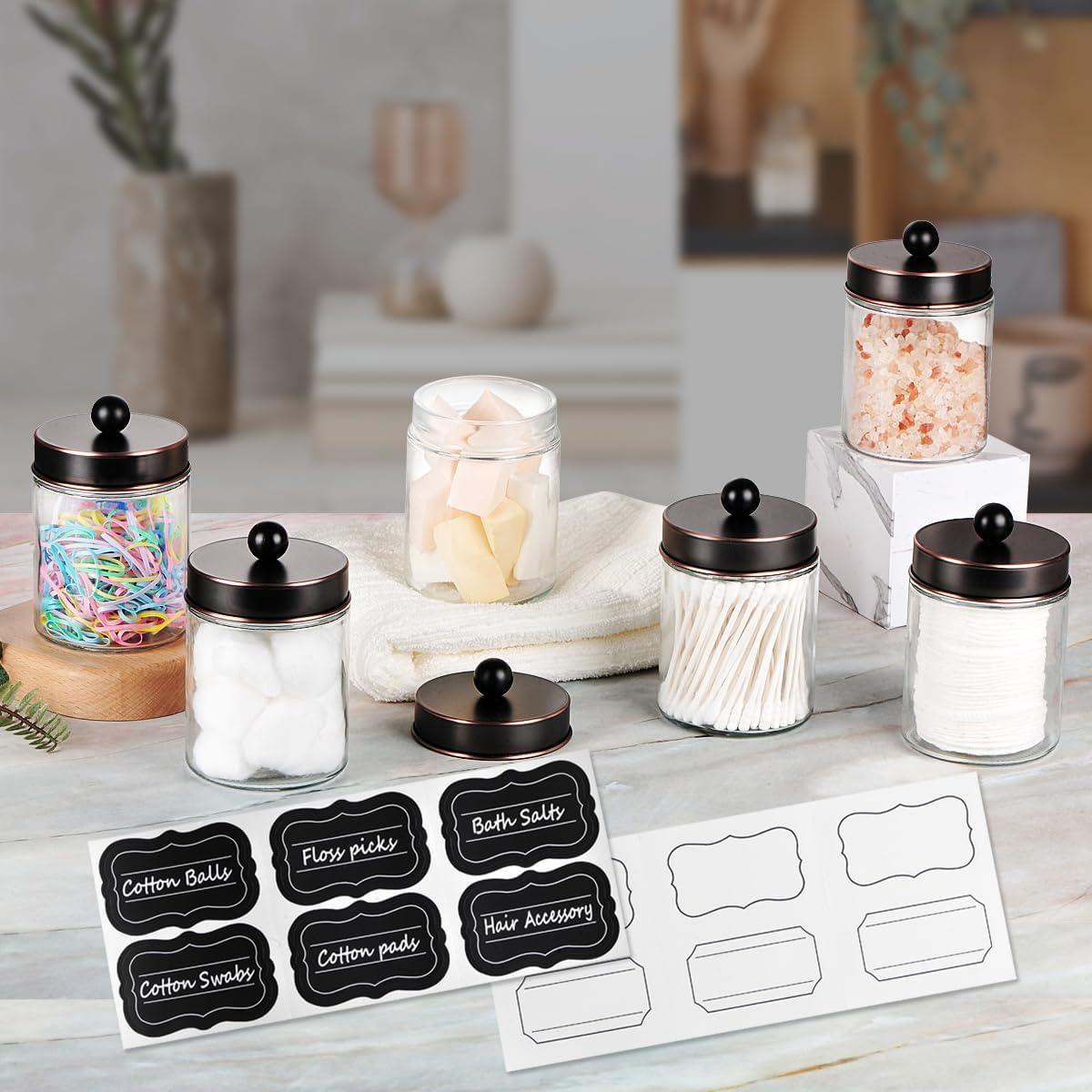 Amolliar 6 Pack Apothecary Jars Bathroom Vanity Organizer- Rustic Farmhouse Decor Storage Canister with Stainless Steel Lids- Qtip Dispenser Holder for Q-Tips,Cotton Swabs,Rounds,Ball,Flossers