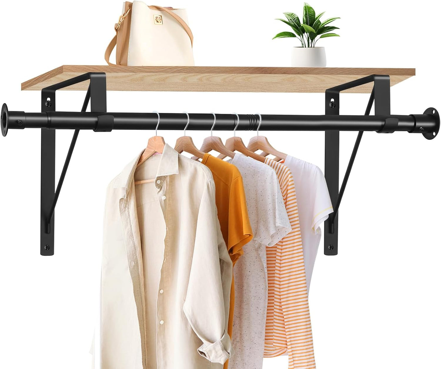 Closet Rod, 16 to 63 Inch Closet Rods Heavy Duty Adjustable Wardrobe Poles for Hanging Clothes and Heavy Duty Bracket Closet Pole Support (The Shelf NOT Included)(Black)