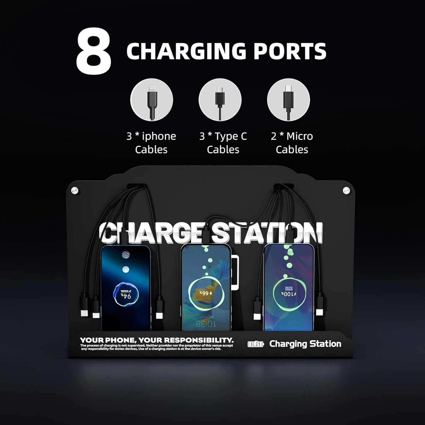 Floor Standing Cell Phone Charging Station with Fast Charigng Cables – 8 Device Charging Dock for Office, Hotel & Public Spaces | Compatible with iPhone ipad Smartphone Tablets Android Port (Black)