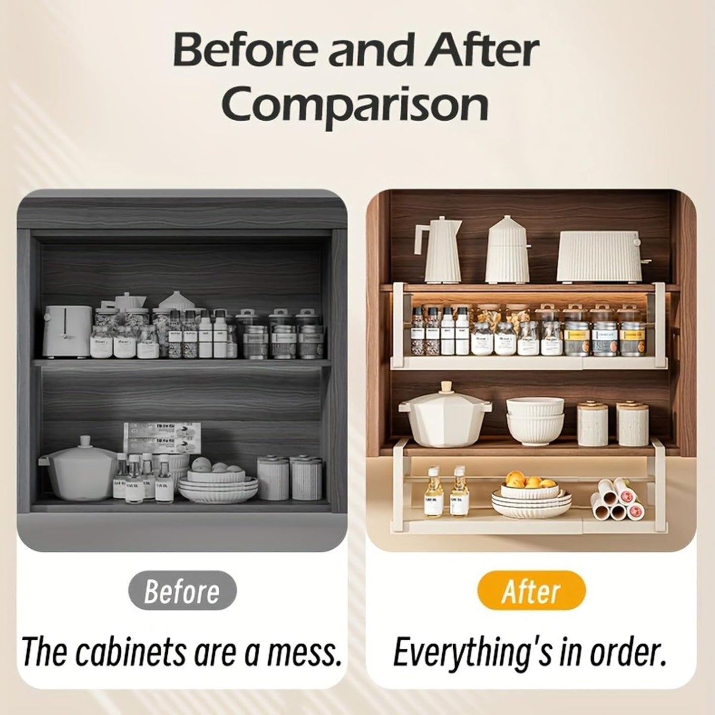 Hanging Under Shelf Storage Basket, Adjustable Width Under Cabinet Add-on Storage Racks, Heavy Duty Slide-in Baskets Organizer for Cabinet Pantry Kitchen, 1 Pack,8.46"D x 10.6"W x 7.36"H