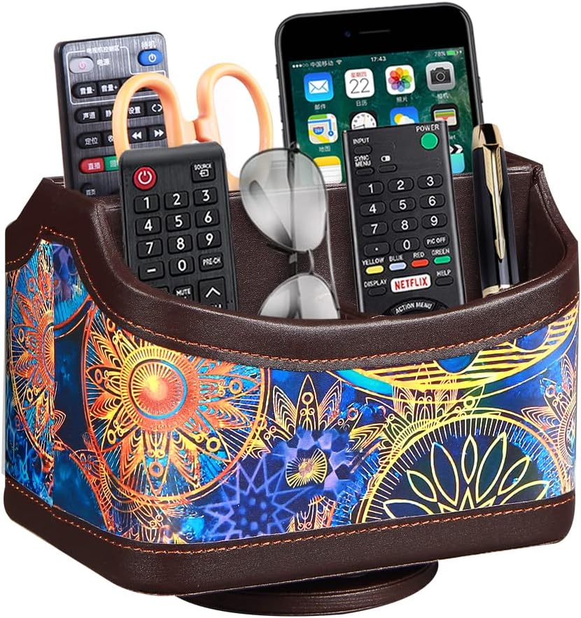 PUSU 360°Rotatable Remote Control Holder, PU Leather TV Remote Holder Caddy for Table, Bright and Colorful Art Supply Organizer Pen Holder, Multi-Functional Desk Organizer Living Room Office Decor