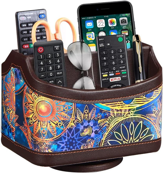 PUSU 360°Rotatable Remote Control Holder, PU Leather TV Remote Holder Caddy for Table, Bright and Colorful Art Supply Organizer Pen Holder, Multi-Functional Desk Organizer Living Room Office Decor
