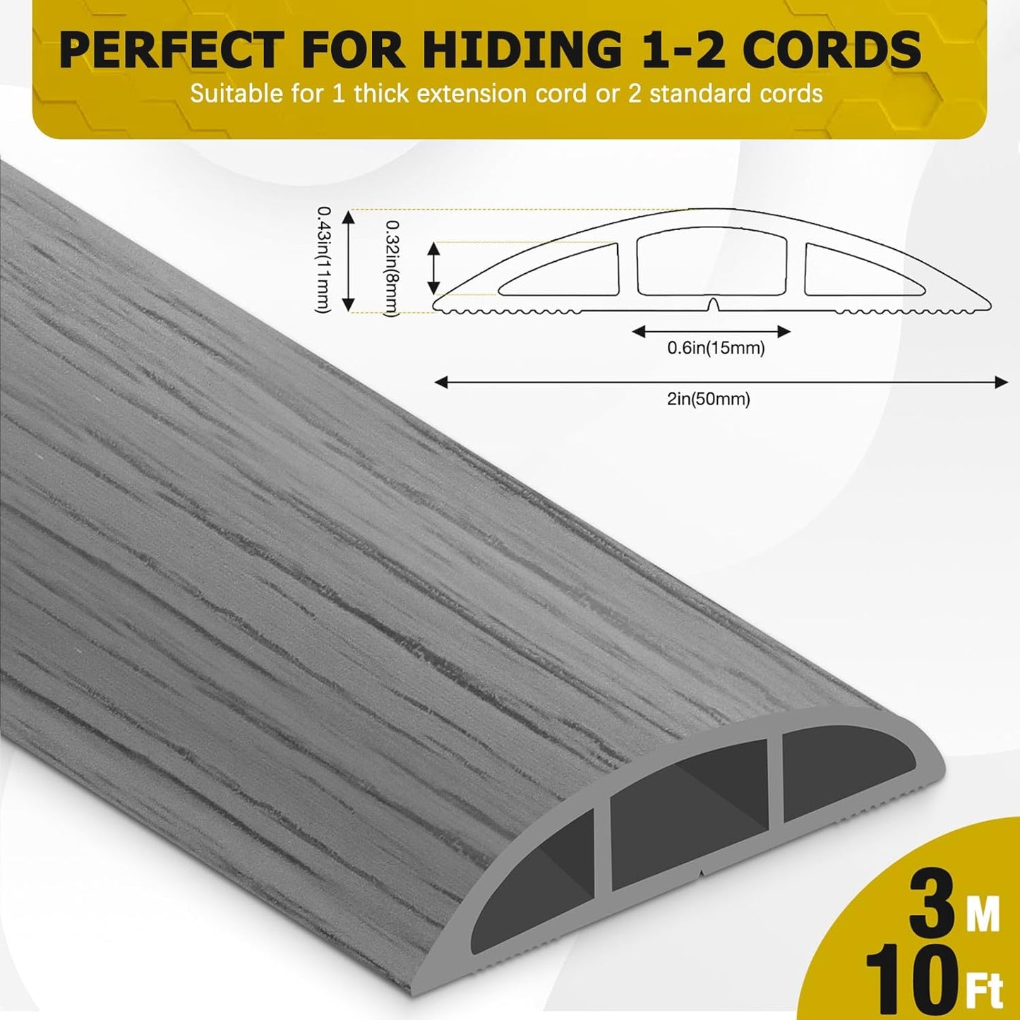 Floor Cord Cover 10FT Cord Covers for Wires on Floor Protect Wires & Prevent Trip Hazards, Easy to Cut for Home, Office, School, Concerts, Cavity W0.6in x H0.32in