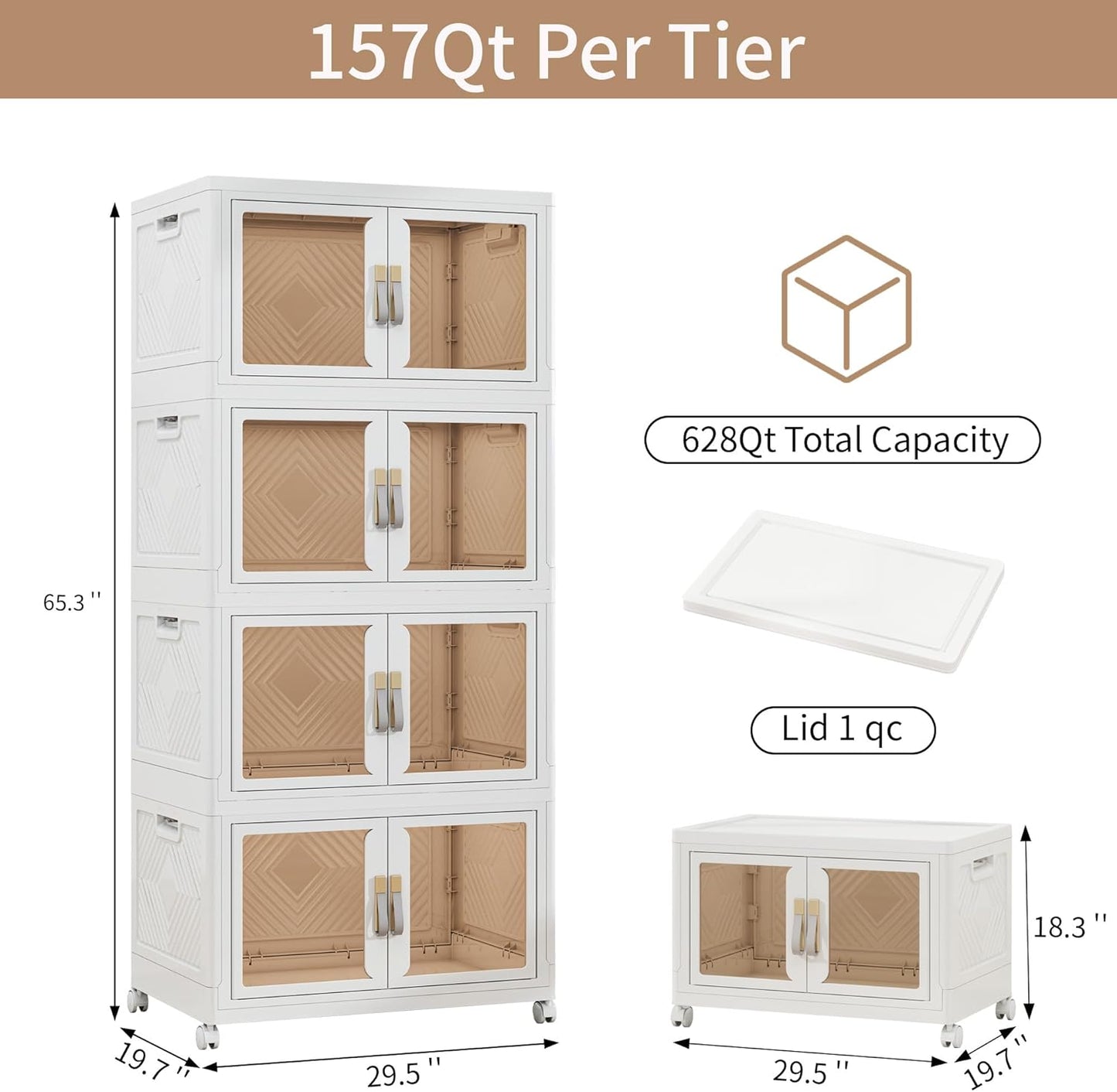 Large Clear Stackable Storage Bins with 2 Lids, Foldable Storage Cabinet for Closet Organizers and Storage, Plastic Storage Box with Wheels 942 QT