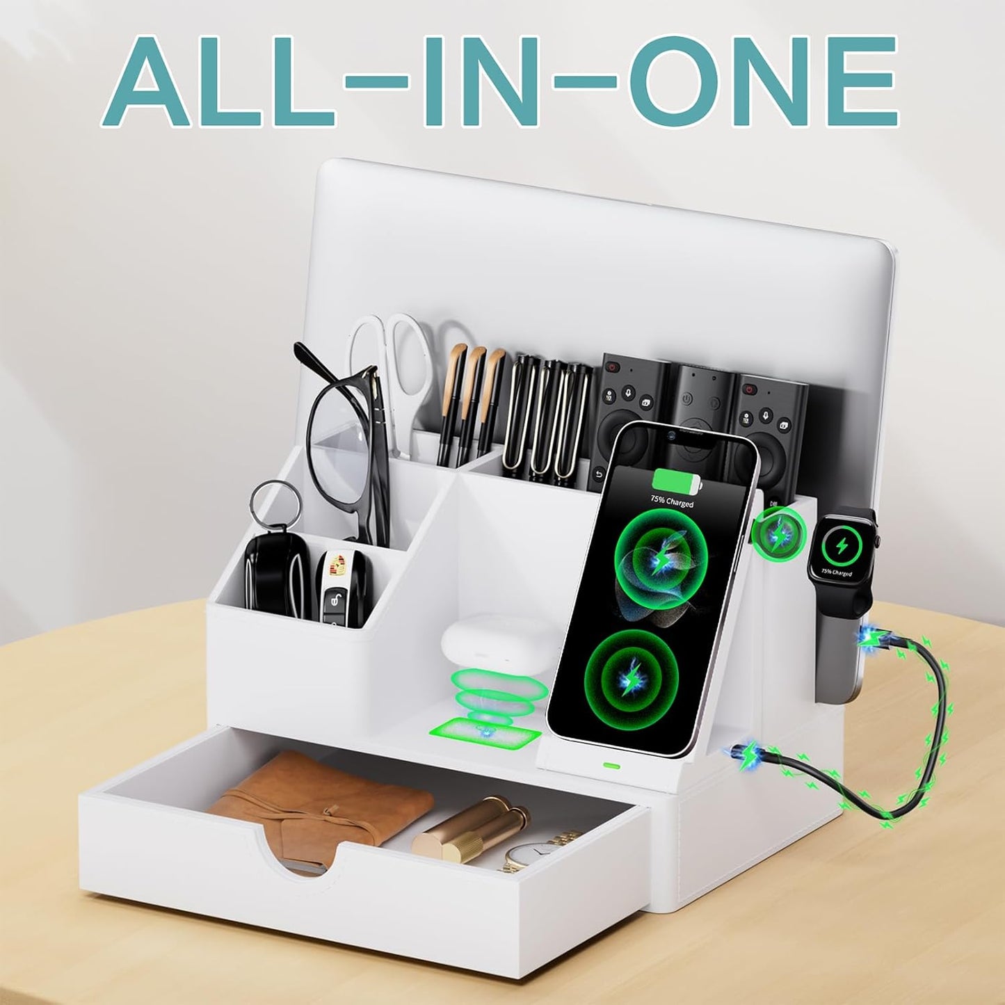 Sleek White PU Leather Charging Station with Drawer - 6-in-1 Multi-Device Desktop Organizer Docking Hub for iPad, Tablet, Laptop, Phone, Watch, Office Home Gift Idea