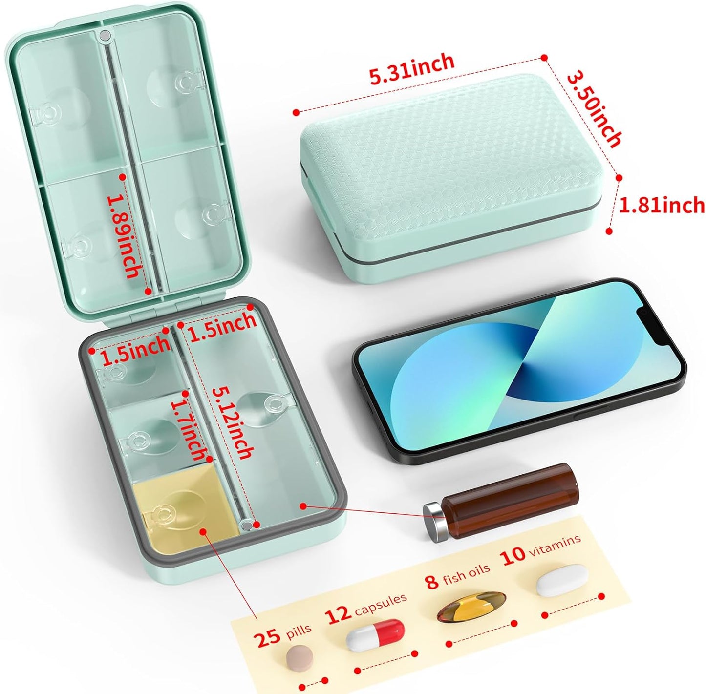 Restree Weekly Pill Organizer, Magnetic Moisture Proof Pill Case, Large Capacity Travel Pill Box with Inner Clear Lid for Vitamins, Supplements, and Daily Medications 8 Compartment (Green)