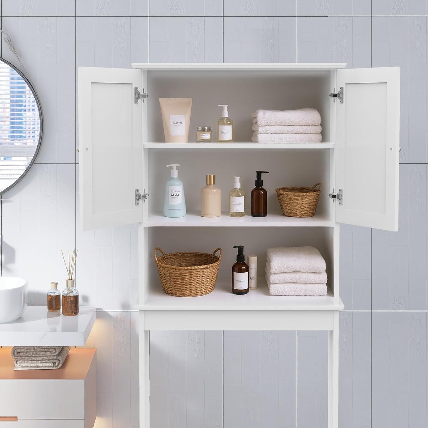 Over The Toilet Storage Cabinet, Behind Toilet Bathroom Organizer with Adjustable Shelves, Wooden Above Toilet Storage Shelf, Space Saver for Restroom, Bathroom, Laundry