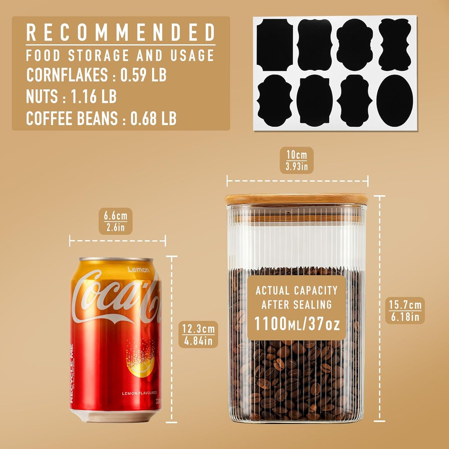 37oz Airtight Glass Square Storage Canisters with Bamboo Lids Set of 4 (1100ml) Striped Stackable Containers, Kitchen Jars for Pantry Noodles, Flour and Coffee beans (‎with Black Lable)