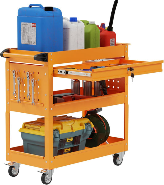 Heavy Duty 3 Tier Tool Cart, Mechanic Metal Rolling Tool Cart with Storage Drawers for Garage Workshop