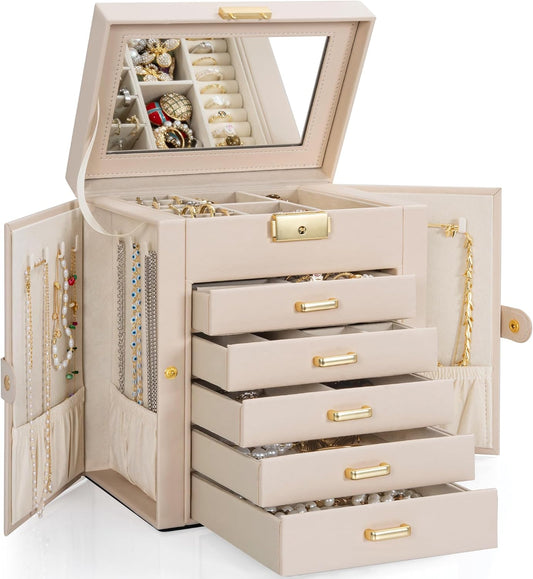 TORIBIO Large Jewelry Box for Women, Leather Jewelry Organizer with Mirror & Lock, 6-Tier Jewelry Storage Case for Girls/Women/Mothers, Necklace Earring Bracelets Holder Organizer