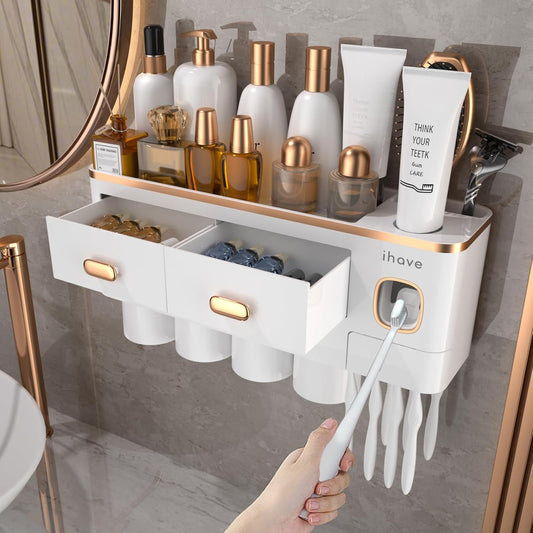iHave Toothbrush Holders for Bathrooms - Upgrade Wall Mounted Toothbrush Holder with Toothpaste Dispenser - 4 Cups, Large Capacity Tray, 2 Cosmetic Drawer - Bathroom Organizers and Storage