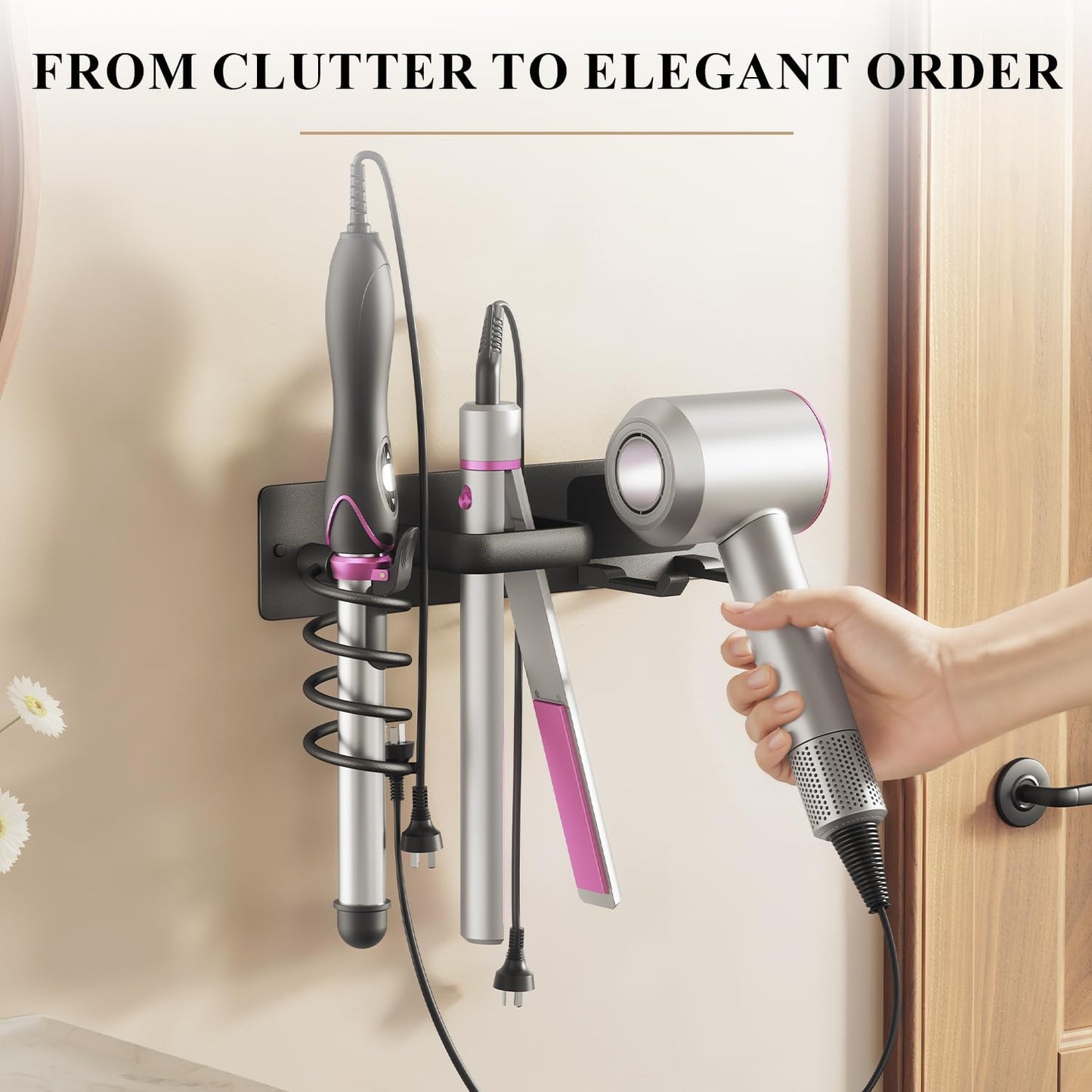 BSICPRO Hair Dryer Holder-3 in 1 Blow Dryer Holder-Metal Bathroom Hair Tool Organizer Wall Mounted-Bathroom Organizer for Hairdryer Curling Iron Flat Iron (Black)