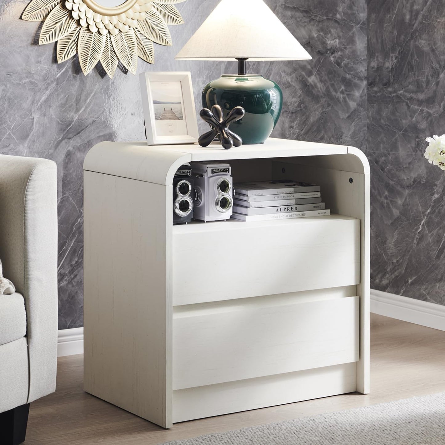 25" Tall Modern Nightstand with Charging Station, 23.6'' Wide Wood Bedside Table w/2 Storage Drawers, Large Mid Century End Table for Bedroom, Living Room, Curved Profile Design, White