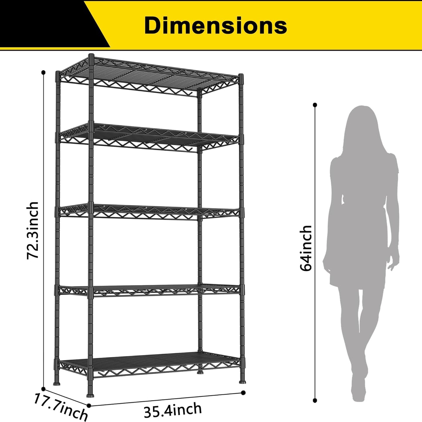 GIOTORENT 5-Wire Garage Shelving Storage Shelves, Kitchen Storage Adjustable Shelf, Metal Shelves 1600Lbs Capacity 36 Lx18 Wx72.2 H for Laundry Bathroom Pantry Closet, Black