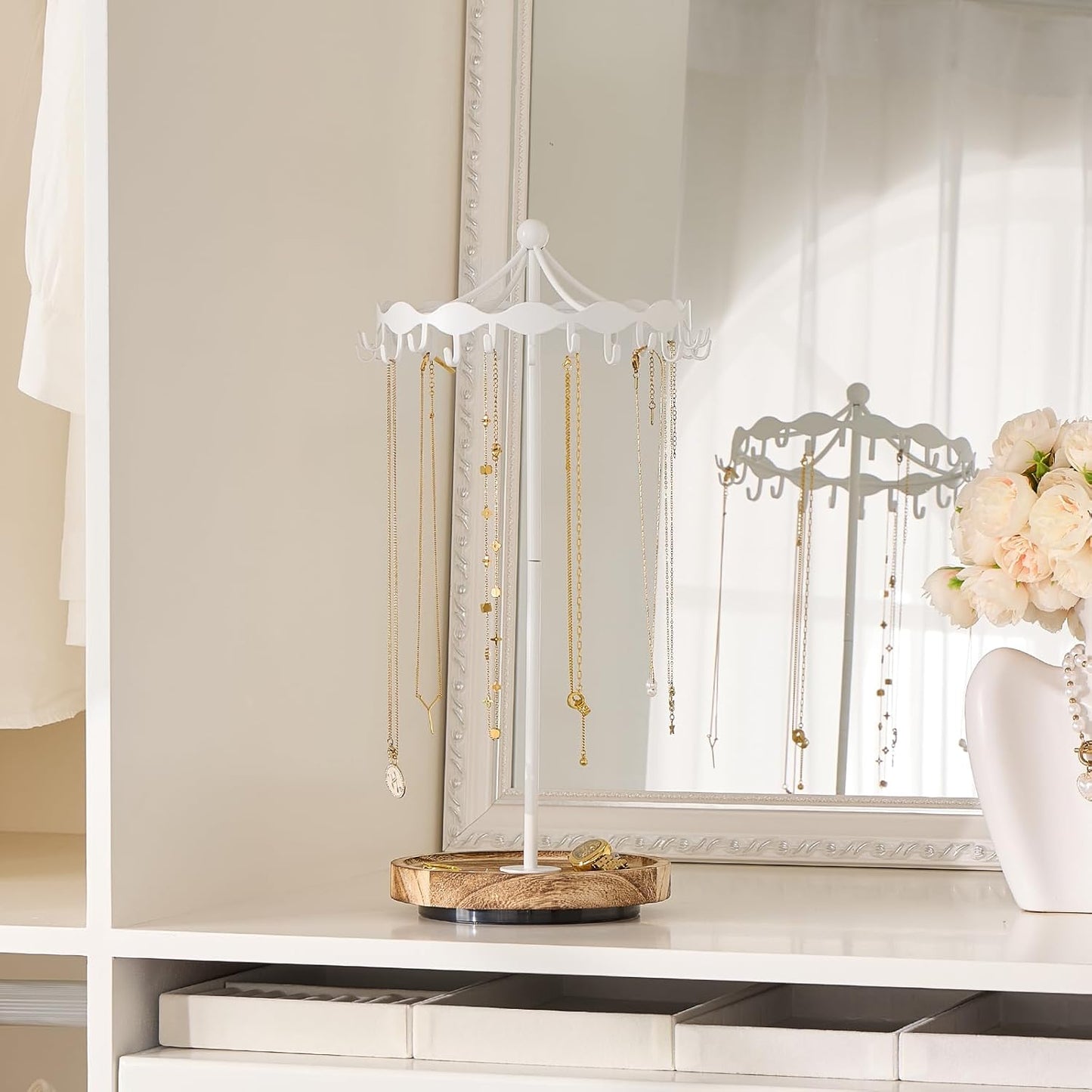 Lolalet Rotating Necklace Holder Stand with Metal Hooks, Spinning Display Carousels, Freestanding Organizer Hanger, for Long Necklaces Chains -White