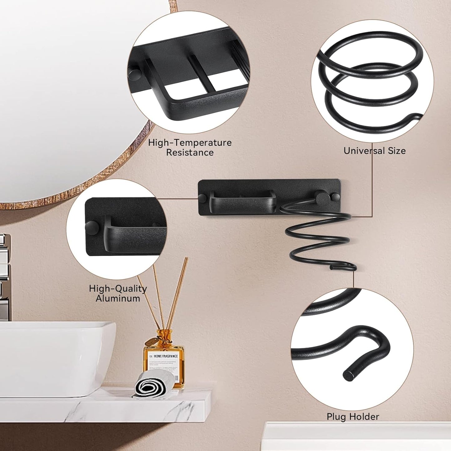 YUET Hair Dryer Holder Hairdryer Station Wall Mounted Spiral Shelf Bracket Stand Hanger Straightener Organizer Blow Storage with Holes Rack for Bathroom Aluminum Professional (Black)