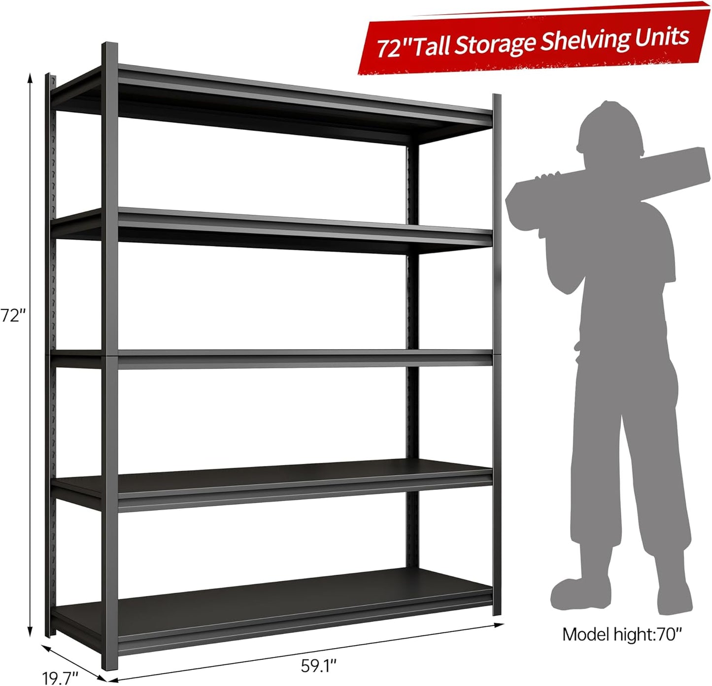 Metal Garage Shelving, Adjustable 5-Tier Heavy Duty Shelving, 3000 LBS Garage Shelving Unit and Storage，Heavy Duty Shelves for Basement,Warehouse，Kitchen (19.7" D*59.1" W*72" H)