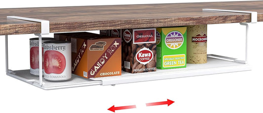 Expandable Under Cabinet Shelf, Extendable Under Shelf Storage with 0.94 Inches Thick Clips for Pantry Cabinet, Laundry Room, Shoe Rack.(White, 1 Pack, Interior: 3.66" H x 8.26" D)
