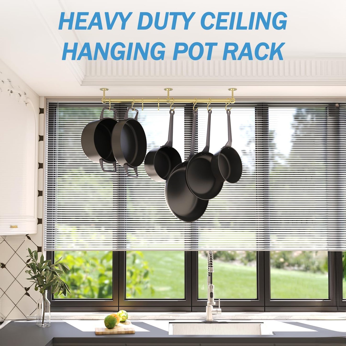ROTHLEY Stainless Steel Hanging Pot Rack Hanger: 23.7 Inch Brass Pot and Pan Hanger Wall Mounted Hanging Pot Bar Rack Heavy Duty Pot Hangers Kitchen Rail with 8 S Hooks